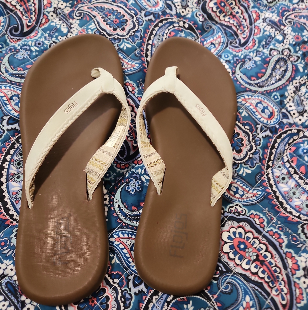 Flojos Brown Footbed Sandals with Cream Straps
